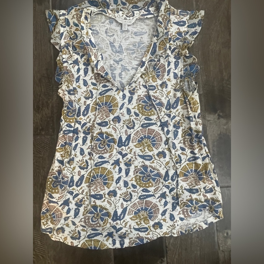 Floral Ruffle Sleeve Top - Blue and Gold